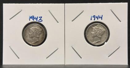 1943-S and 1944 Mercury Dimes &ndash; 90% Silver, Circulated Condition