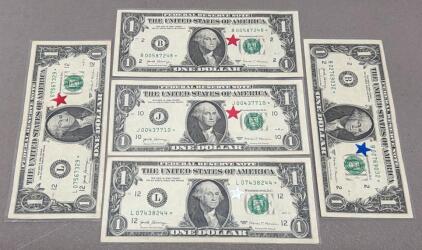 2017 $1 Federal Reserve Star Notes, 5 Different Serials, SF/NY/KC, Mnuchin/Carranza