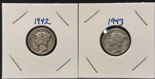 Pair of 1942 & 1943 Mercury Dimes 90% Silver - Winged Liberty Head, Circulated, 2x2 Holders