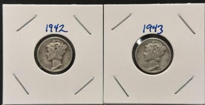 Pair of 1942 & 1943 Mercury Dimes 90% Silver - Winged Liberty Head, Circulated, 2x2 Holders