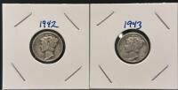 Pair of 1942 & 1943 Mercury Dimes 90% Silver - Winged Liberty Head, Circulated, 2x2 Holders