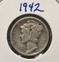 Pair of 1942 & 1943 Mercury Dimes 90% Silver - Winged Liberty Head, Circulated, 2x2 Holders - 2