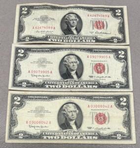 1953 $2 Red Seal Notes - Lot of 3, Serial A09079905A, A62674089A, A03008042A, 3 Signature Combos