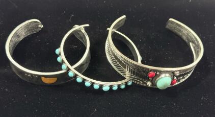 Sterling Silver Turquoise & Coral Native American Cuff Bracelets, Vintage Southwestern Trio