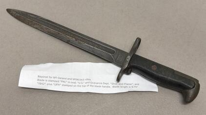 1942 PAL M1 Bayonet for M1 Garand & M1903A3 Rifles, 10" Blade, Parkerized Finish