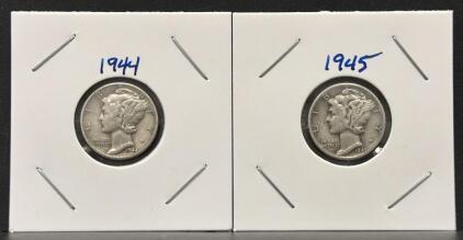1944 & 1945 Mercury Dimes, 90% Silver, Winged Liberty Head, Circulated US Coins