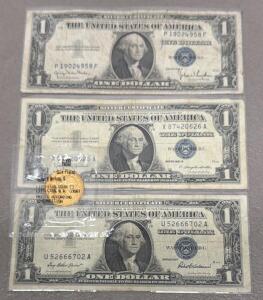 3 Silver Certificates $1 Notes (1935D, 2x1957B) & 1979 Susan B. Anthony Dollar Coin