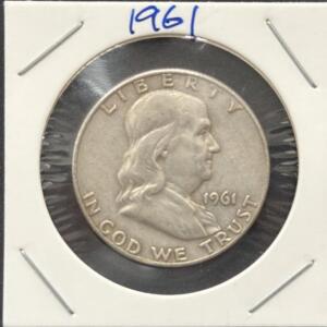 1961-D Franklin Half Dollar Silver Coin &ndash; Denver Mint, 90% Silver, Circulated, Liberty Bell Design