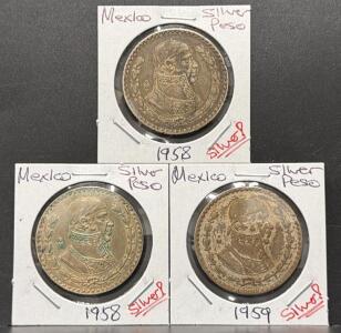 Mexico 1958 & 1959 Silver Peso, Morelos Bust, .100 Silver, 16g, Mexico City Mint "M"