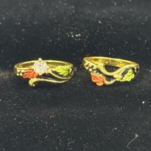 Pair of Decorative Rings with Enamel Leaf Design and Clear Stone