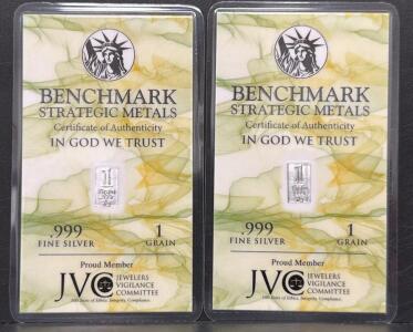 (2) Benchmark Strategic Metals 1 Grain .999 Fine Silver Bars &ndash; USA Minted, Sealed Auth Card