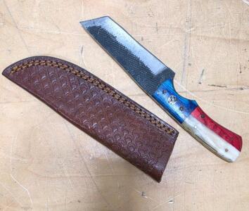 Custom Fixed-Blade Knife, Modified Tanto/Cleaver, Wood and Resin Red White Blue Handle, Leather Sheath