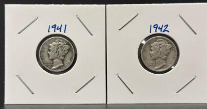1941-S and 1942-S Mercury Dimes Pair &ndash; 90% Silver, San Francisco Mint, Circulated