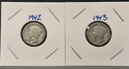 1942-D and 1943 Mercury Dimes, 90% Silver, Circulated, Lot of 2, U.S. Coins