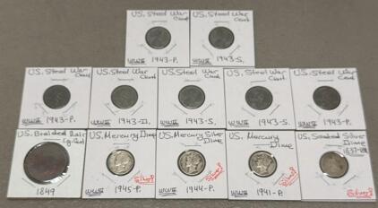 1943 Steel Cents, Mercury Dimes, Seated Liberty Dime, Braided Hair Large Cent Collection