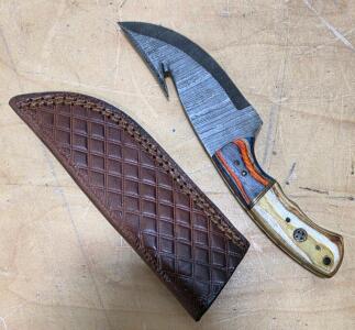 Damascus Steel Gut Hook Hunting Knife with Custom Multicolor Wood Handle and Leather Sheath