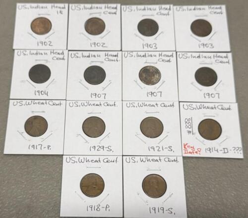 Set of 14 U.S. Indian Head and Lincoln Wheat Cents, Key Date 1914-D, 1902&ndash;1929 Mix