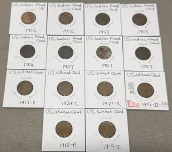 Set of 14 U.S. Indian Head and Lincoln Wheat Cents, Key Date 1914-D, 1902&ndash;1929 Mix