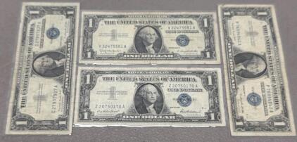 4x U.S. $1 Silver Certificates 1957 Series, Blue Seal, Circulated, Mixed Serial Numbers