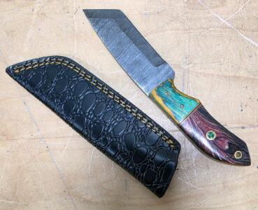 Custom Fixed Blade Knife with Damascus Steel Blade, Decorative Wood Multi-Colored Handle, and Leather Sheath