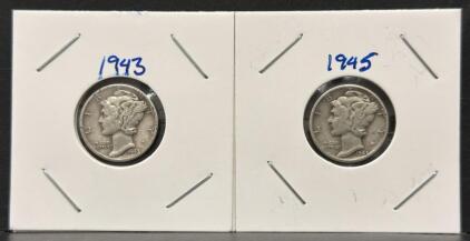 1943-D & 1945 Mercury Dime Pair, 90% Silver, U.S. 10&cent; Coins, Circulated, Winged Liberty Design