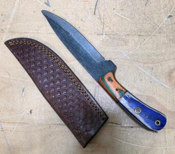 Custom Full Tang File Steel Knife, Multi-Colored Wood Handle, 5" Blade, Leather Sheath