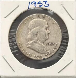 1953 Franklin Half Dollar, 90% Silver, Circulated Condition