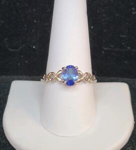 Blue Sapphire Oval Cut Faceted Ring, Size 10