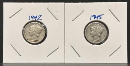 1942 and 1945-S Mercury Dimes, 90% Silver, Circulated, Adolph Weinman Design, Set of 2
