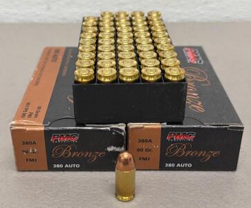 (100) Rounds PMC Bronze 380 Auto 90 Grain FMJ 2 50-Round Boxes, 961 FPS, Brass Case