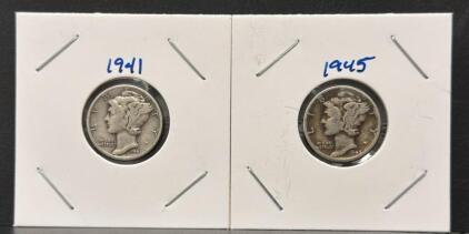 1941 & 1945 Mercury Dimes, 90% Silver, Circulated Condition