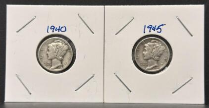 1940 & 1945-D Mercury Dime Pair, 90% Silver, Circulated, U.S. 10 Cent Coins