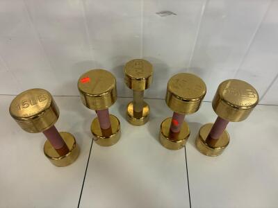 Blogilates Fixed-Weight Dumbbells, 15 lb & 10 lb, Gold Finish, Foam Grips