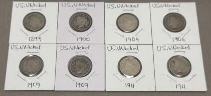 Lot of 8 US Liberty Head "V" Nickels (1899&ndash;1911) in Circulated Condition &ndash; Copper-Nickel Coins