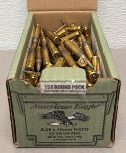 American Eagle 5.56x45mm NATO XM855 62gr FMJ Green Tip 150rd Box, 3020fps, Brass Case XM855BK150