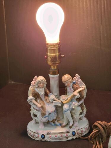 Porcelain Rococo Couple Figurine Table Lamp, Hand-Painted, Working, c.1940s-1950s, Signed Base
