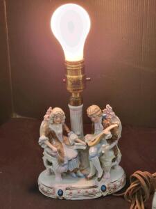 Porcelain Rococo Couple Figurine Table Lamp, Hand-Painted, Working, c.1940s-1950s, Signed Base