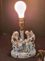 Porcelain Rococo Couple Figurine Table Lamp, Hand-Painted, Working, c.1940s-1950s, Signed Base