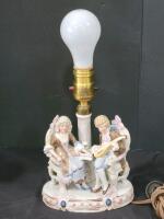 Porcelain Rococo Couple Figurine Table Lamp, Hand-Painted, Working, c.1940s-1950s, Signed Base - 2