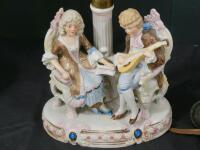 Porcelain Rococo Couple Figurine Table Lamp, Hand-Painted, Working, c.1940s-1950s, Signed Base - 3