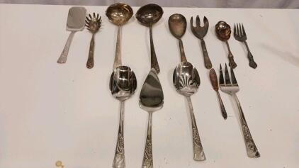 Mixed Vintage Silverplate Serving Utensil Lot - 12 Pieces, Cake Server & Ladles, Deco Pattern