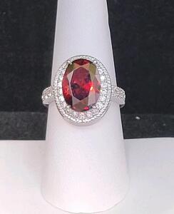 Red Ruby Oval Cut Faceted Ring, Size 8