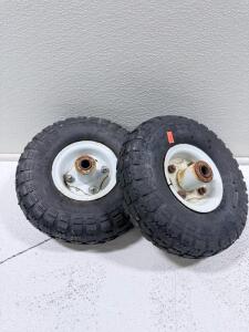 Pair of 4.10/3.50-4 Pneumatic Utility Wheels with Steel Rims, 300 lb Capacity, 10x3.5, Knobby Tread