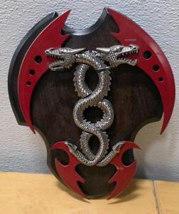Double Dragon Fantasy Axe Wall Plaque &ndash; 440 Stainless Steel, Red Crescent Blades, 10&rdquo; Display