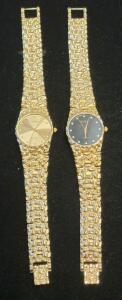 Geneva Gold-Tone Quartz Watches, Textured Band, Crystal Markers, Black & Gold Dial, Pair