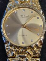 Geneva Gold-Tone Quartz Watches, Textured Band, Crystal Markers, Black & Gold Dial, Pair - 3