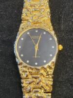 Geneva Gold-Tone Quartz Watches, Textured Band, Crystal Markers, Black & Gold Dial, Pair - 4