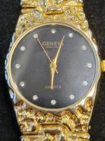 Geneva Gold-Tone Quartz Watches, Textured Band, Crystal Markers, Black & Gold Dial, Pair - 5