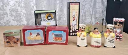 (2) Ceramic Hand Painted Cream & Sugar Sets, (1) Nesting Hen & (1) Barn W/ Rooster, (1) Ceramic Rooster Salt & Pepper Shaker Set, (1) Vintage 3-Piece Ceramic Italian Character Condiment Set & More