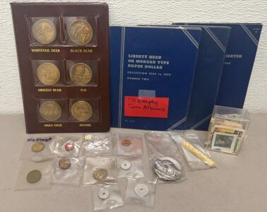 Coin & Stamp Collectible Lot: Wildlife Medallions, Albums, Buffalo Nickel Buckle, Gold Flakes